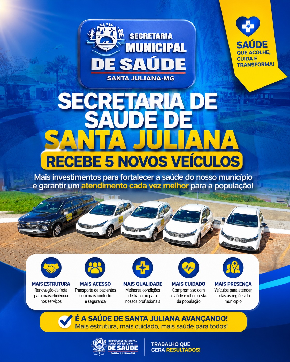 Secretaria de Saúde de Santa Juliana recebe 5 novos veículos para fortalecer o atendimento à população