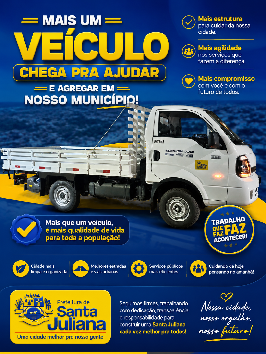 Mais um veículo chega para fortalecer a frota municipal e ampliar os serviços prestados à população A Prefeitura de Santa Juliana segue investindo na melhoria da estrutura pública e na qualidade dos s
