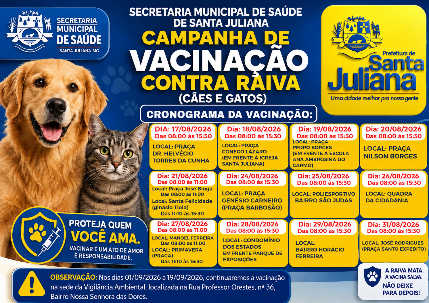 Campanha de Vacinação Antirrábica terá início em 17 de agosto em Santa Juliana