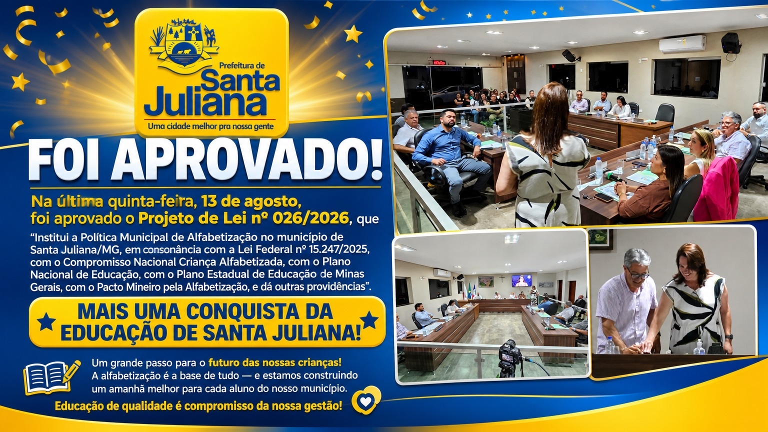 Projeto de Lei nº 026/2026 é aprovado e institui a Política Municipal de Alfabetização em Santa Juliana