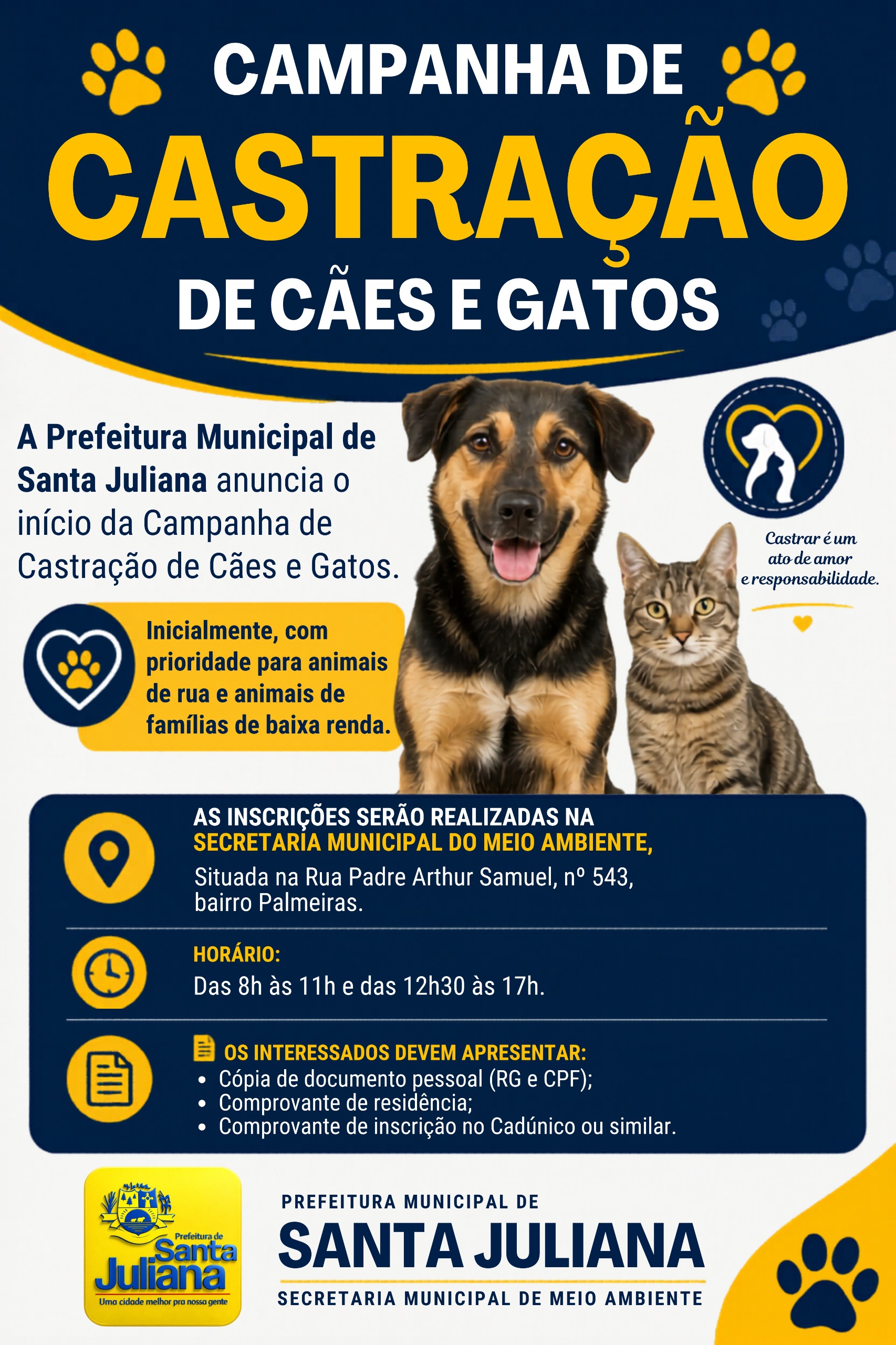 Prefeitura de Santa Juliana lança Campanha de Castração de Cães e Gatos